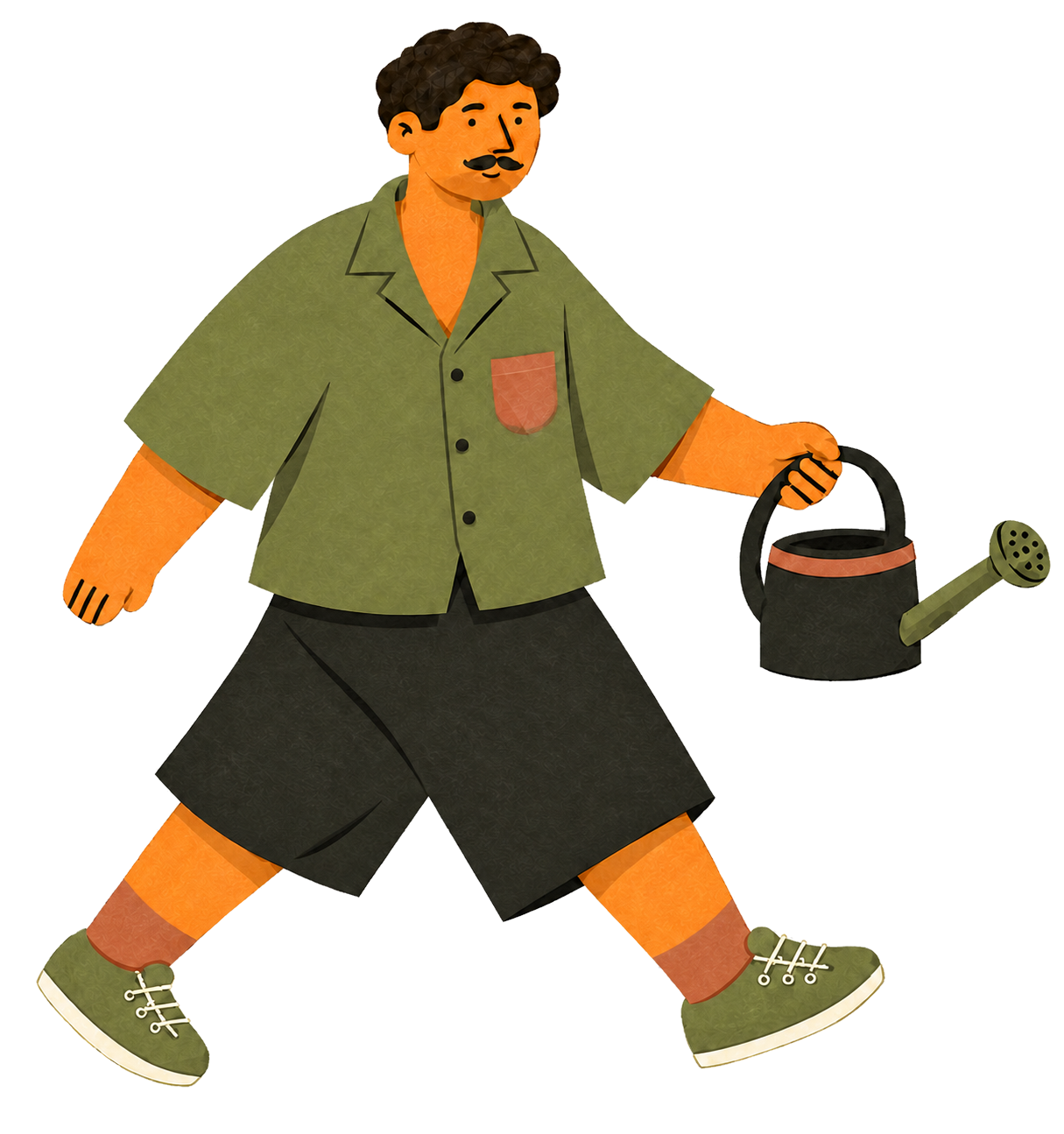 a man with dark curly hair and a moustache striding to the right in an olive shirt and dark shorts, carrying a watering can in his trailing hand