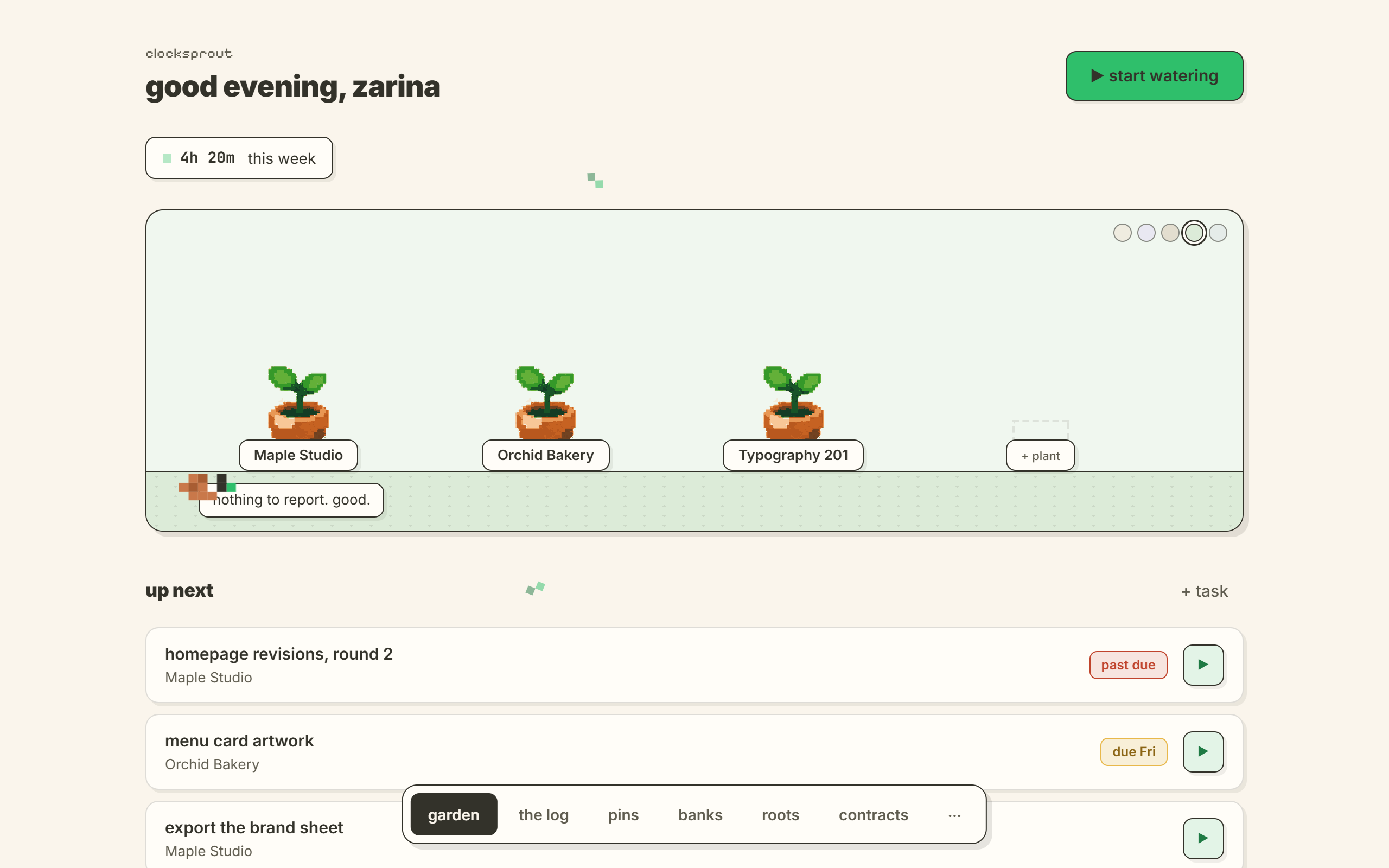 the garden in the app: three client plants on a shelf and an empty pot, with the week’s hours above