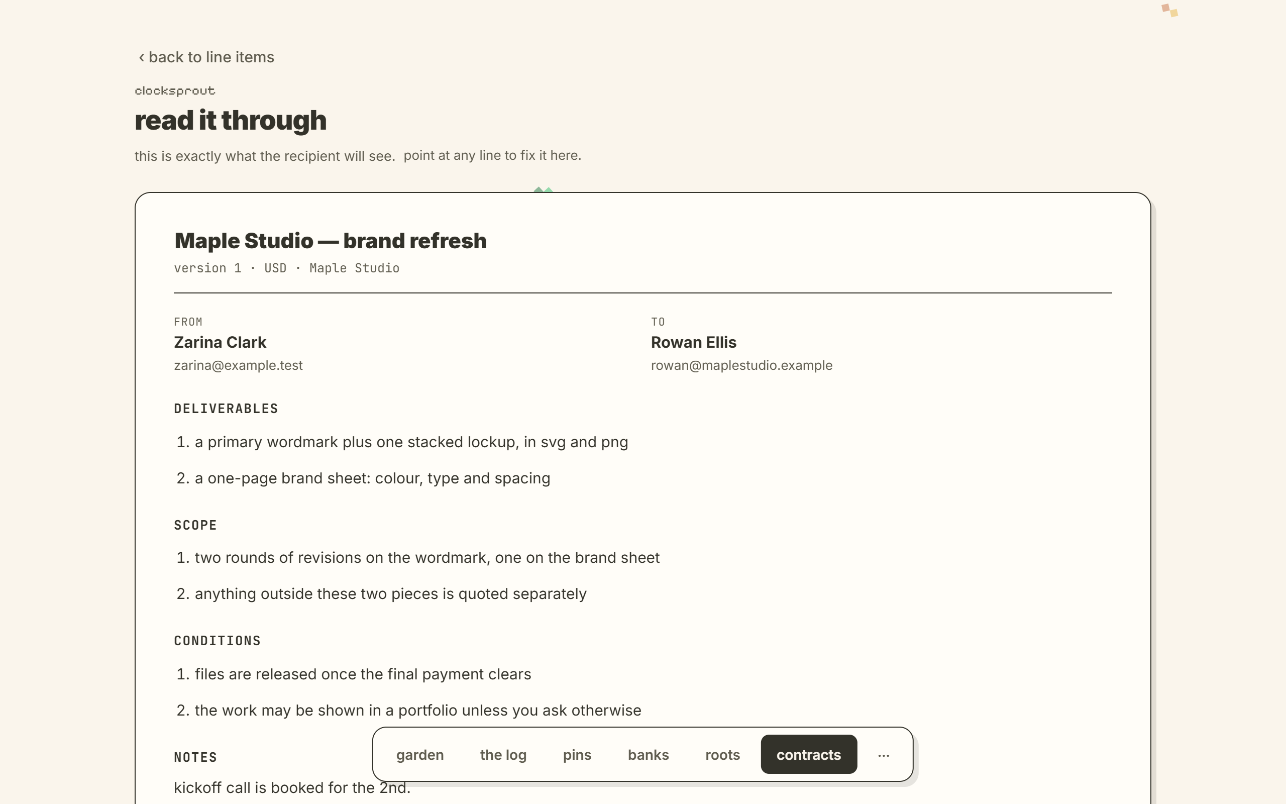the read-through in the app: the agreement exactly as the client will see it