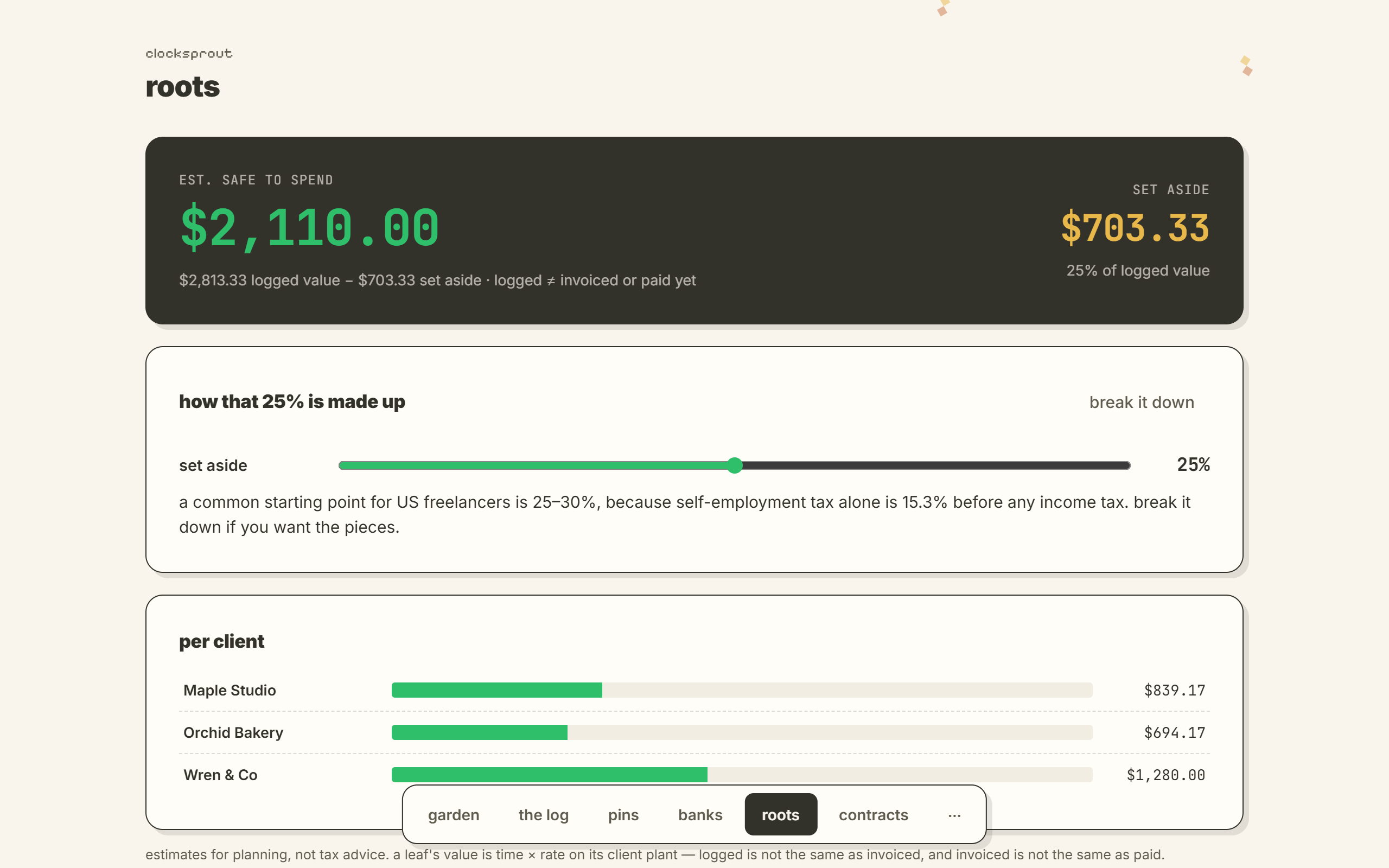 the roots screen in the app: estimated safe to spend, and the slice set aside for taxes