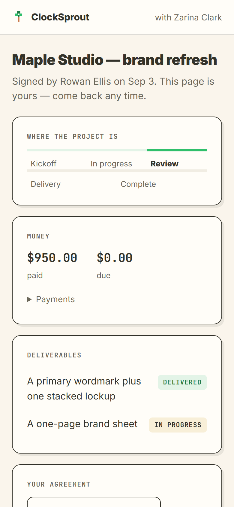 the project page: where the project is, money paid and due, deliverables and their state