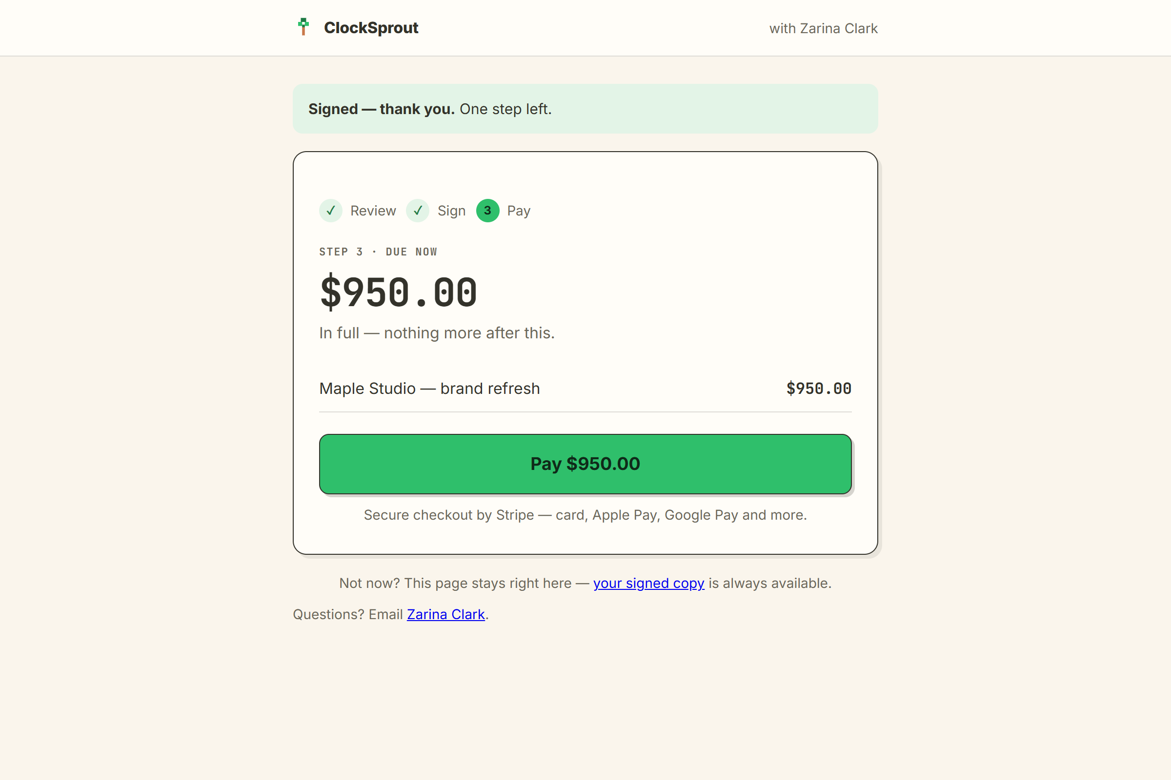 the client’s page: signed, thank you — $950 due now, one pay button
