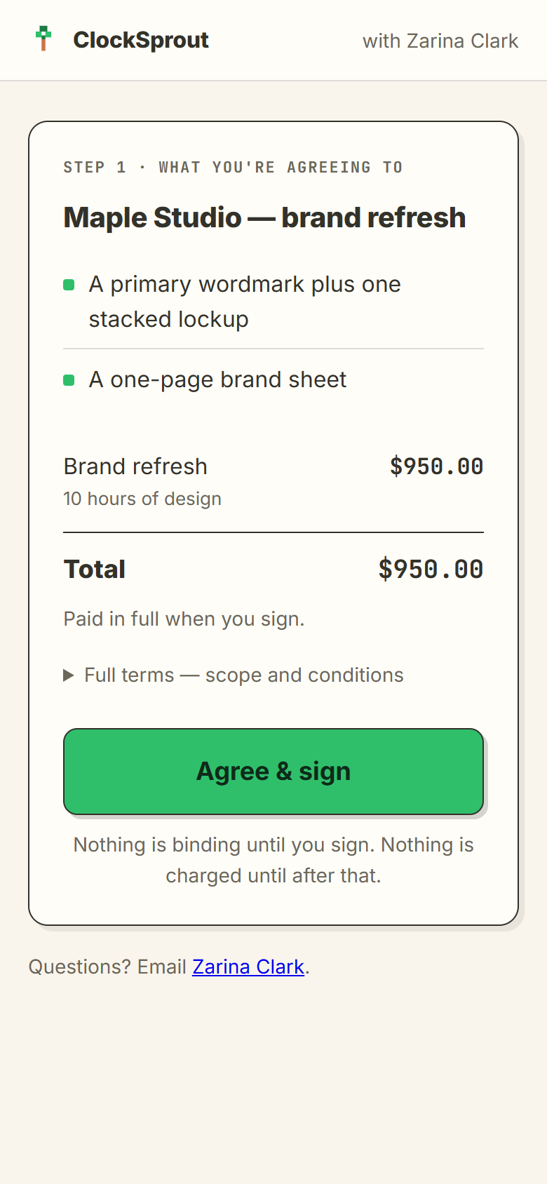 step 1: what you’re agreeing to — the deliverables, the total, and one agree & sign button